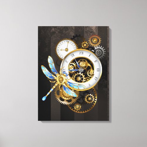 Steampunk Clock with Mechanical Dragonfly Canvas Print