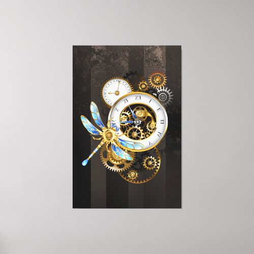 Steampunk Clock with Mechanical Dragonfly Canvas Print