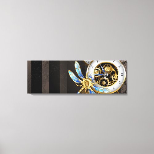 Steampunk Clock with Mechanical Dragonfly Canvas Print