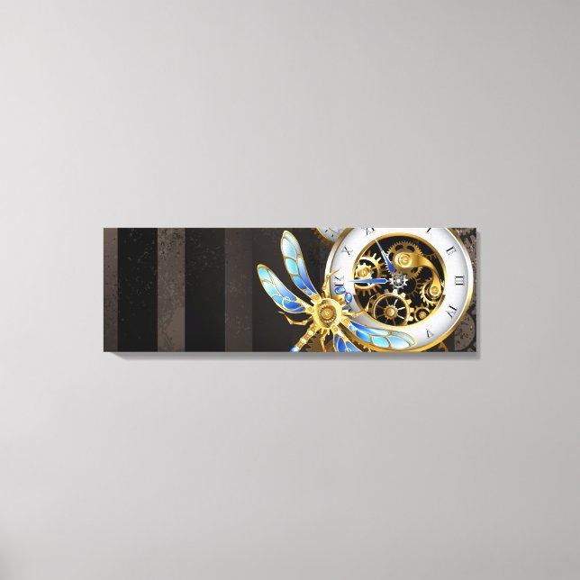 Steampunk Clock with Mechanical Dragonfly Canvas Print (Front)