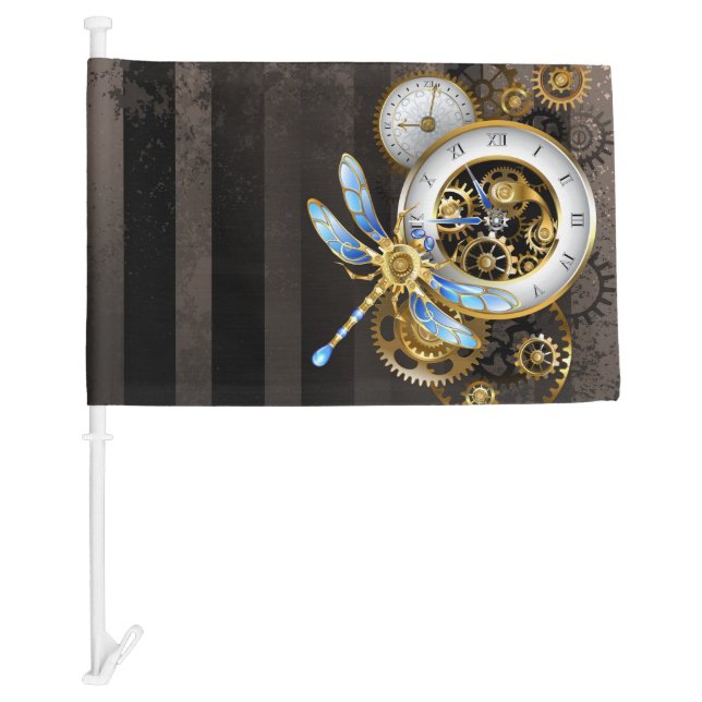 Steampunk Clock with Mechanical Dragonfly Car Flag (Front)