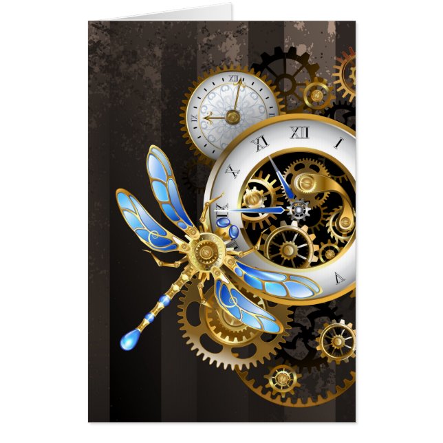Steampunk Clock with Mechanical Dragonfly Card (Front)