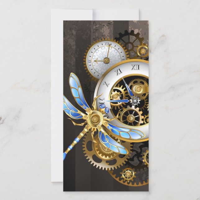 Steampunk Clock with Mechanical Dragonfly Card (Front)