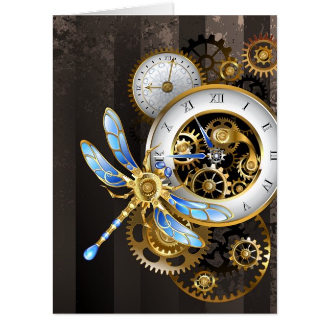 Steampunk Clock with Mechanical Dragonfly Card (Front)