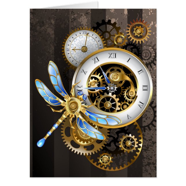 Steampunk Clock with Mechanical Dragonfly Card (Front)