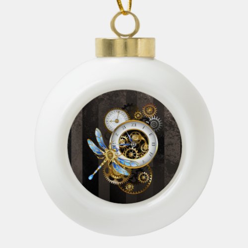 Steampunk Clock with Mechanical Dragonfly Ceramic Ball Christmas Ornament
