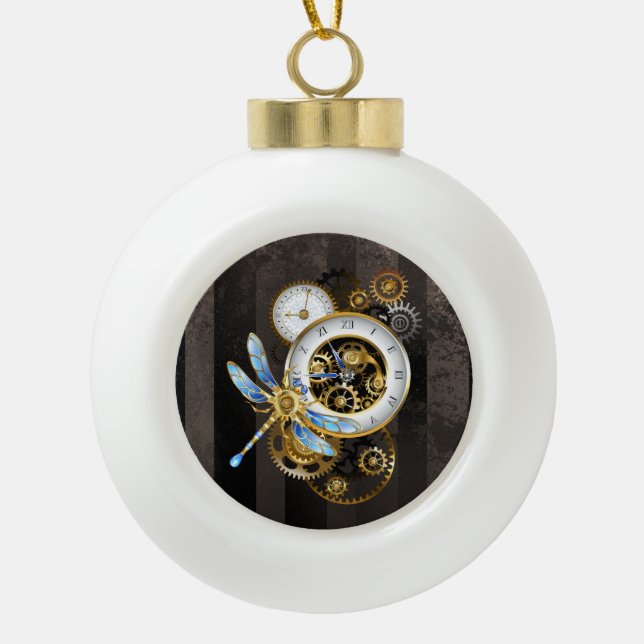 Steampunk Clock with Mechanical Dragonfly Ceramic Ball Christmas Ornament (Front)