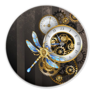 Steampunk Clock with Mechanical Dragonfly Ceramic Knob
