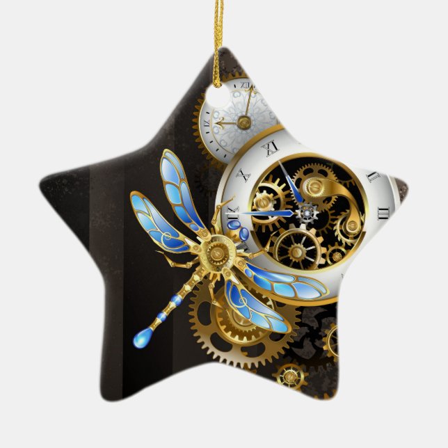 Steampunk Clock with Mechanical Dragonfly Ceramic Ornament (Front)