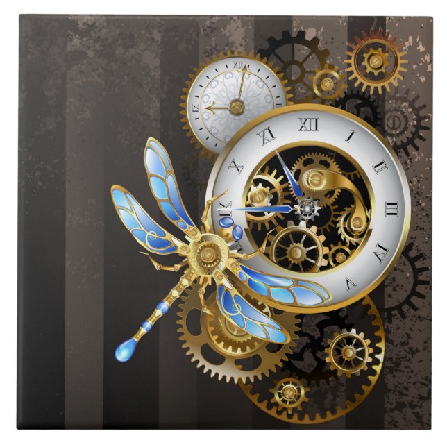 Steampunk Clock with Mechanical Dragonfly Ceramic Tile (Front)
