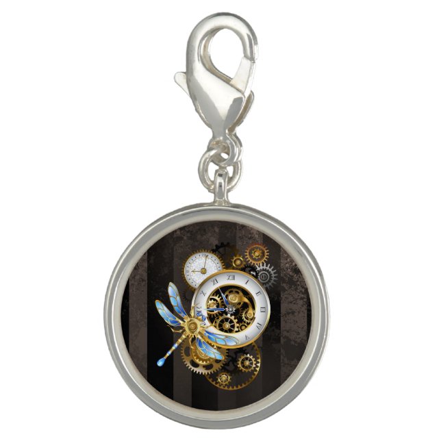 Steampunk Clock with Mechanical Dragonfly Charm (Front)
