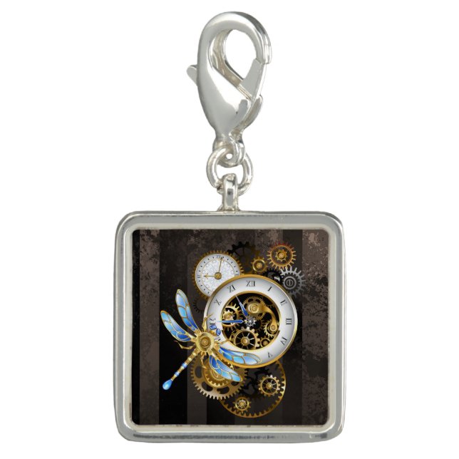 Steampunk Clock with Mechanical Dragonfly Charm (Front)
