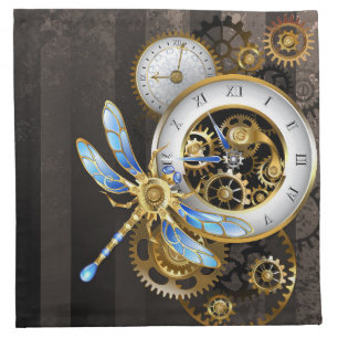 Steampunk Clock with Mechanical Dragonfly Cloth Napkin