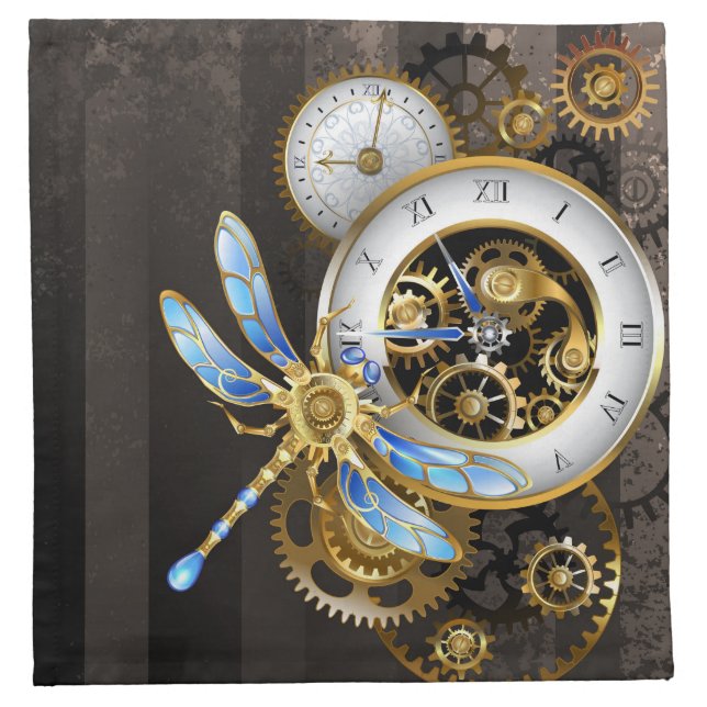 Steampunk Clock with Mechanical Dragonfly Cloth Napkin (Front)