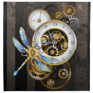 Steampunk Clock with Mechanical Dragonfly Cloth Napkin