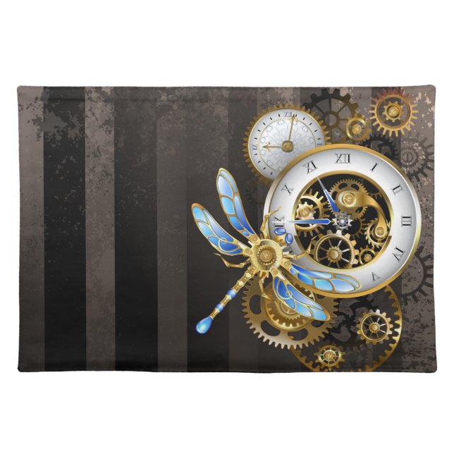 Steampunk Clock with Mechanical Dragonfly Cloth Placemat (Front)