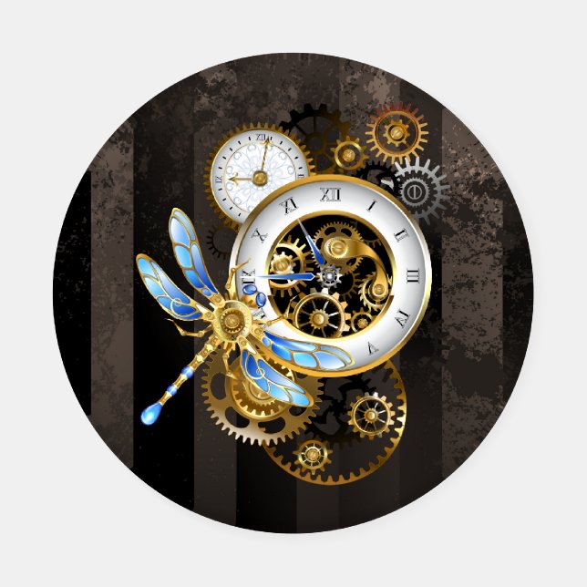 Steampunk Clock with Mechanical Dragonfly Coaster Set (Single)