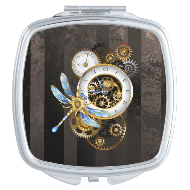 Steampunk Clock with Mechanical Dragonfly Compact Mirror (Front)
