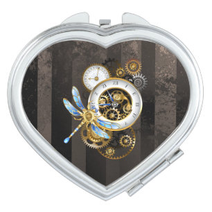 Steampunk Clock with Mechanical Dragonfly Compact Mirror