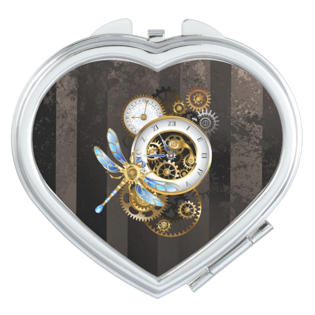 Steampunk Clock with Mechanical Dragonfly Compact Mirror (Front)
