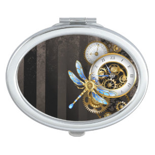 Steampunk Clock with Mechanical Dragonfly Compact Mirror