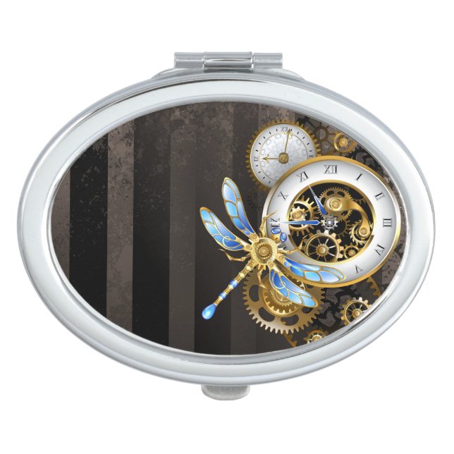 Steampunk Clock with Mechanical Dragonfly Compact Mirror (Front)