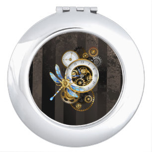 Steampunk Clock with Mechanical Dragonfly Compact Mirror