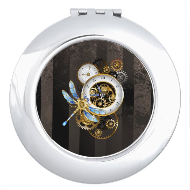 Steampunk Clock with Mechanical Dragonfly Compact Mirror (Front)