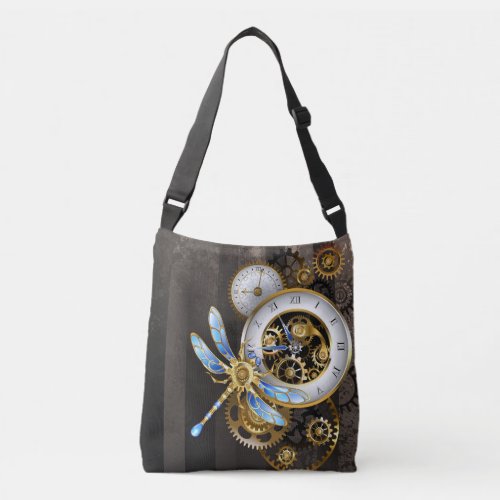 Steampunk Clock with Mechanical Dragonfly Crossbody Bag