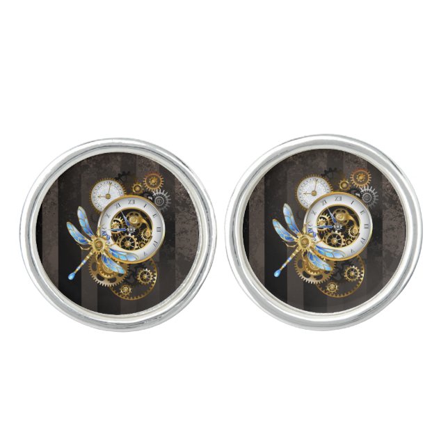 Steampunk Clock with Mechanical Dragonfly Cufflinks (Front)