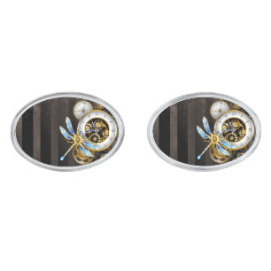 Steampunk Clock with Mechanical Dragonfly Cufflinks