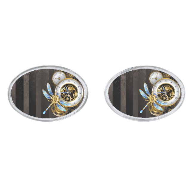 Steampunk Clock with Mechanical Dragonfly Cufflinks (Front)