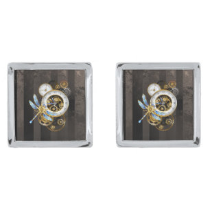 Steampunk Clock with Mechanical Dragonfly Cufflinks