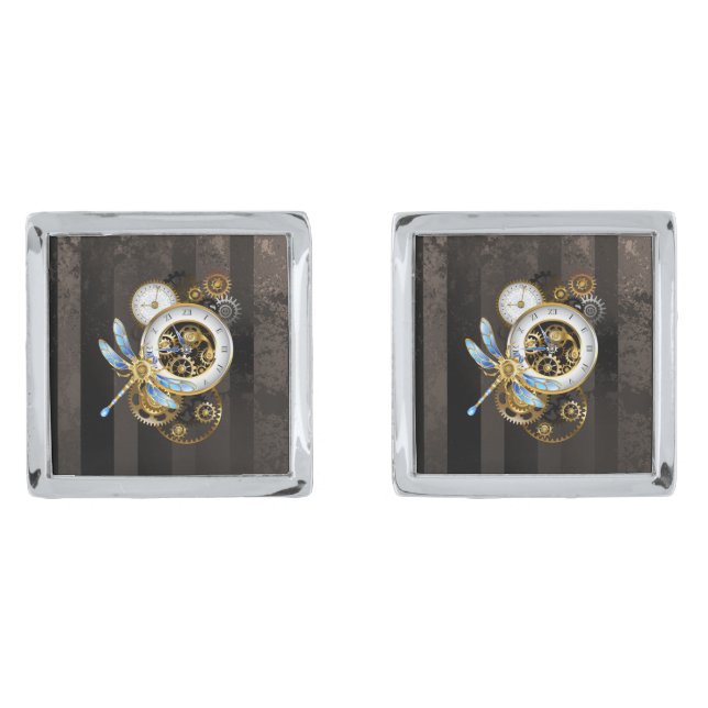 Steampunk Clock with Mechanical Dragonfly Cufflinks (Front)