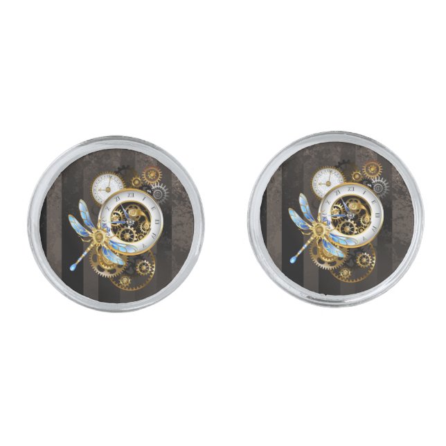 Steampunk Clock with Mechanical Dragonfly Cufflinks (Front)