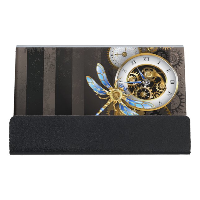 Steampunk Clock with Mechanical Dragonfly Desk Business Card Holder (Front)