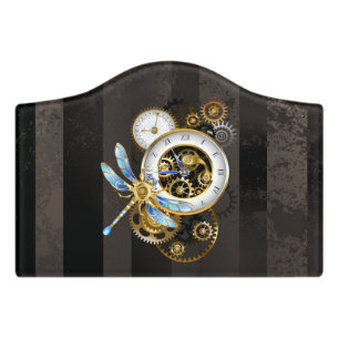 Steampunk Clock with Mechanical Dragonfly Door Sign