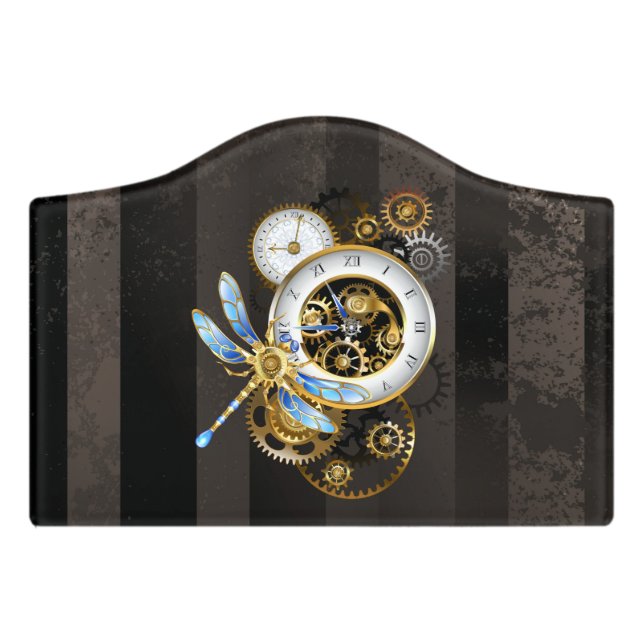 Steampunk Clock with Mechanical Dragonfly Door Sign (Small Crest Front)