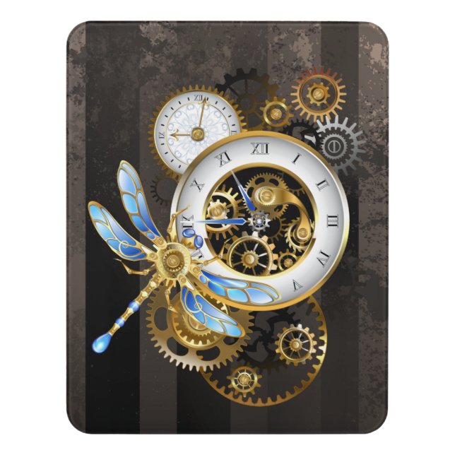 Steampunk Clock with Mechanical Dragonfly Door Sign (Contemporary Vert)