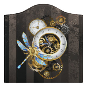 Steampunk Clock with Mechanical Dragonfly Door Sign