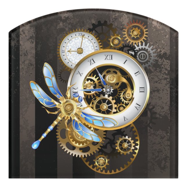 Steampunk Clock with Mechanical Dragonfly Door Sign (Contour Front)