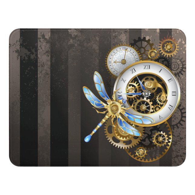 Steampunk Clock with Mechanical Dragonfly Door Sign (Contemporary Front)