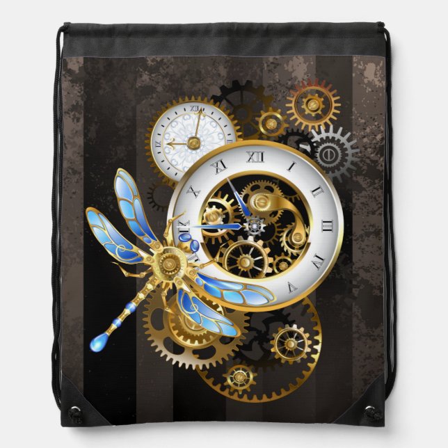 Steampunk Clock with Mechanical Dragonfly Drawstring Bag (Front)