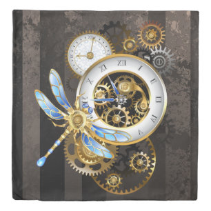 Steampunk Clock with Mechanical Dragonfly Duvet Cover