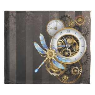 Steampunk Clock with Mechanical Dragonfly Duvet Cover
