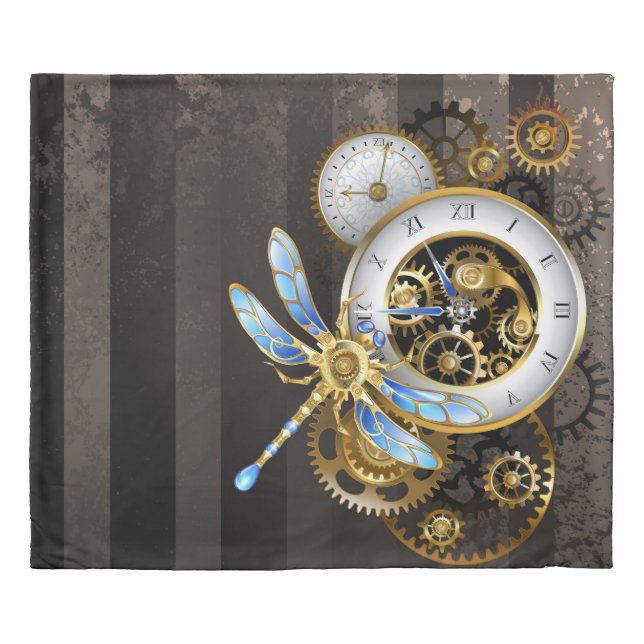 Steampunk Clock with Mechanical Dragonfly Duvet Cover (Front)