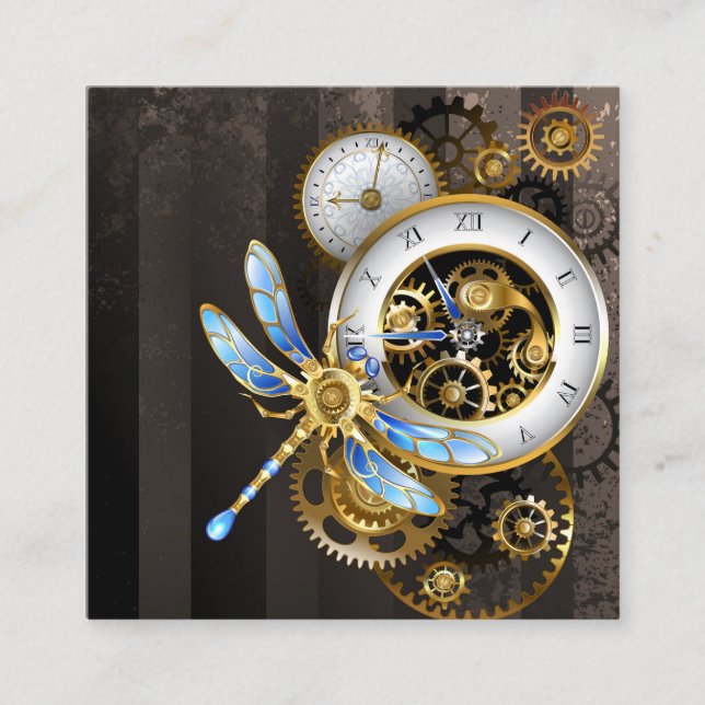 Steampunk Clock with Mechanical Dragonfly Enclosure Card (Front)