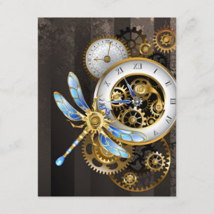 Steampunk Clock with Mechanical Dragonfly Enclosure Card