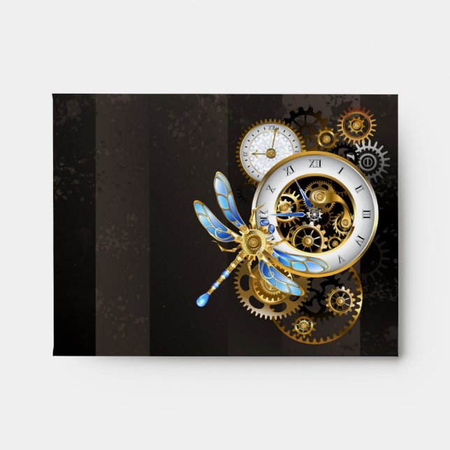 Steampunk Clock with Mechanical Dragonfly Envelope (Front)