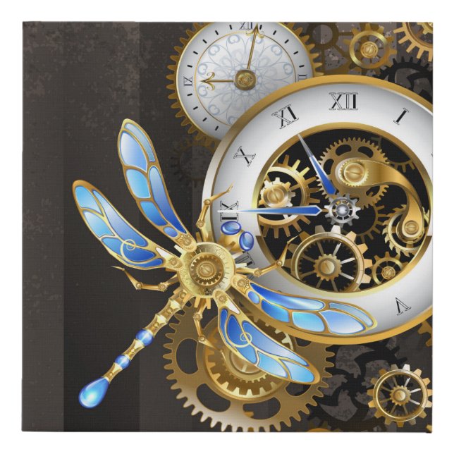 Steampunk Clock with Mechanical Dragonfly Faux Canvas Print (Front)
